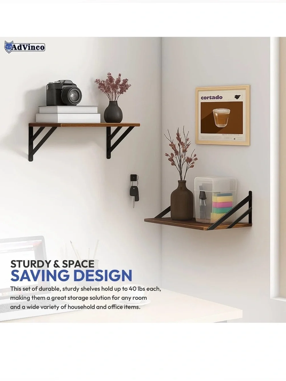 Rustic Brown Floating Wall Shelves Set of 2 with Corner Shelf
